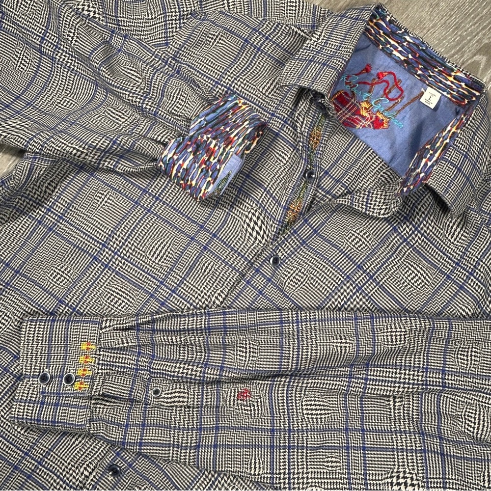 Robert Graham Mens Shirt XL Gray Blue Plaid Bubble Effect Flip Cuff Long Sleeve